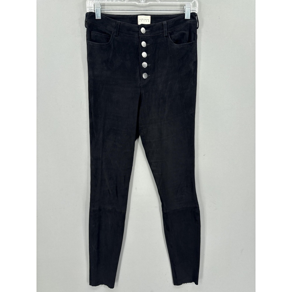 Alice + Olivia Jeans 4 Black High Rise Lambskin Suede Skinny Pants Buttons Boho
